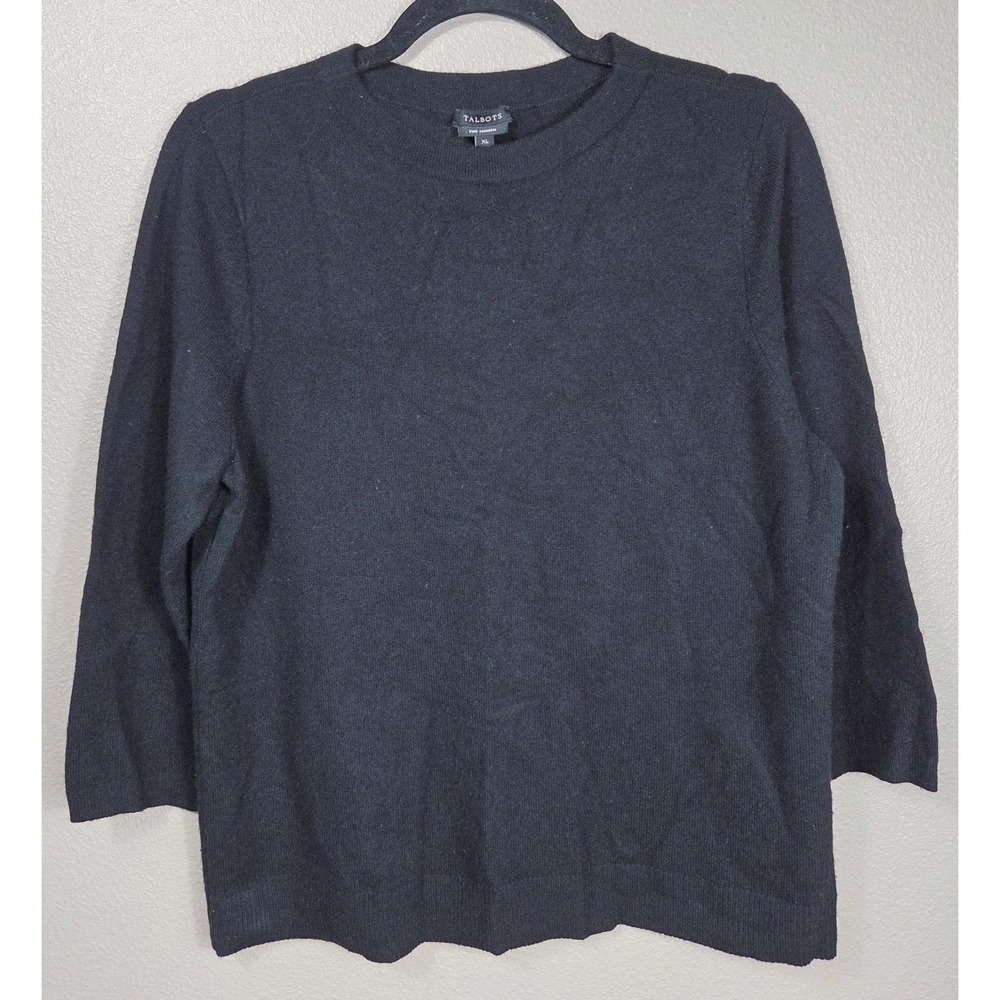 Talbots 100% Cashmere Sweater XL Black 3/4 Sleeve Crewneck Lightweight Soft Knit